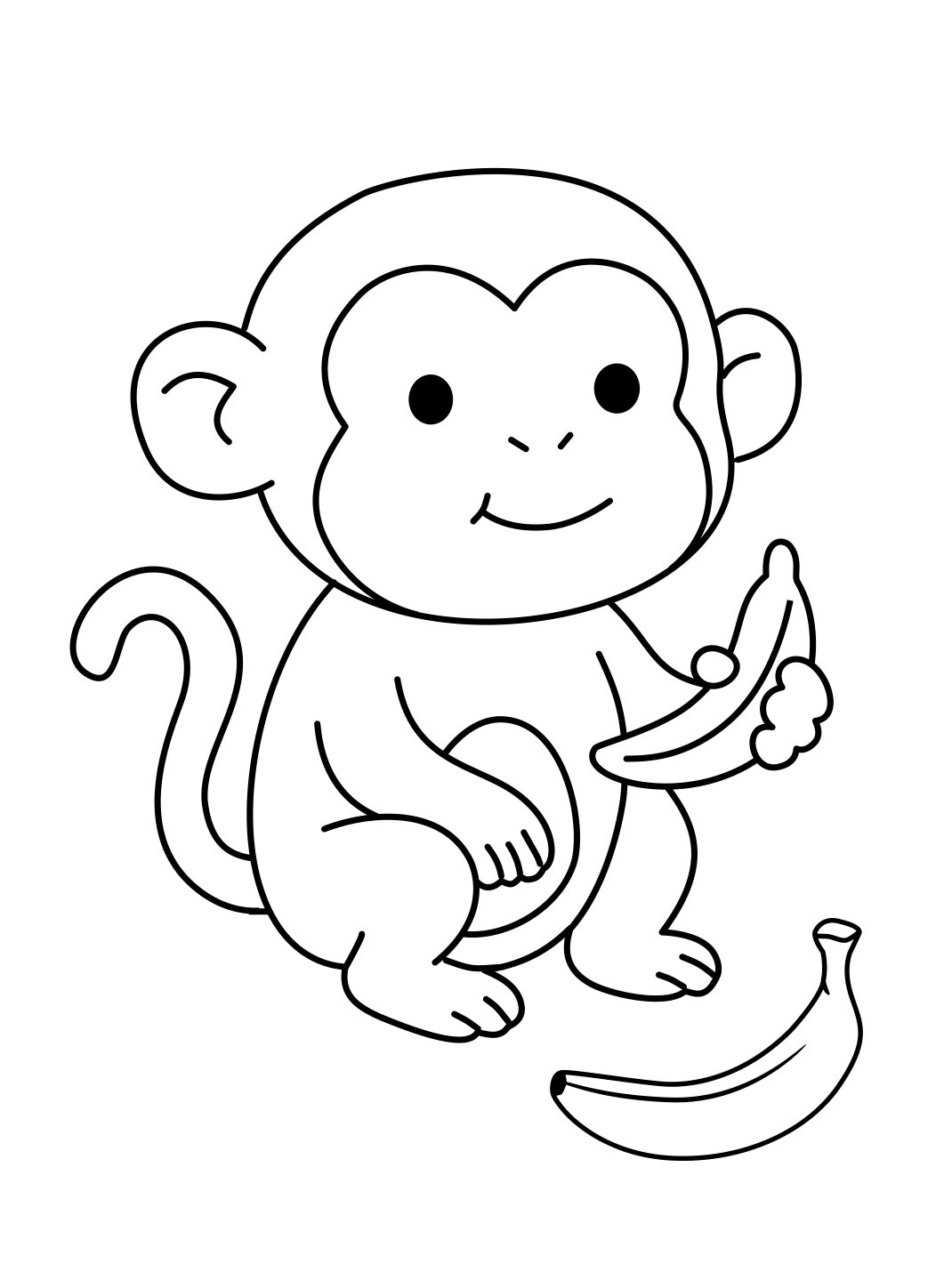 Monkey with Banana Coloring Page for Gentle Play and Observation (Free Printable PDF)
