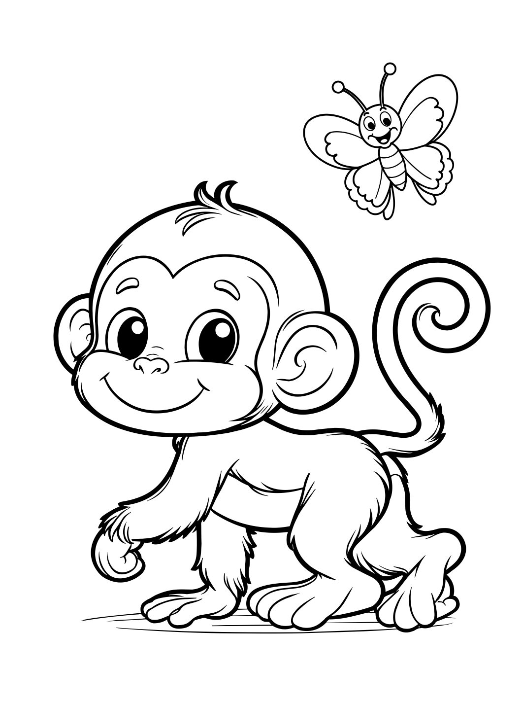 Curious Monkey with Butterfly Coloring Page for Gentle Observation Play (Free Printable PDF)