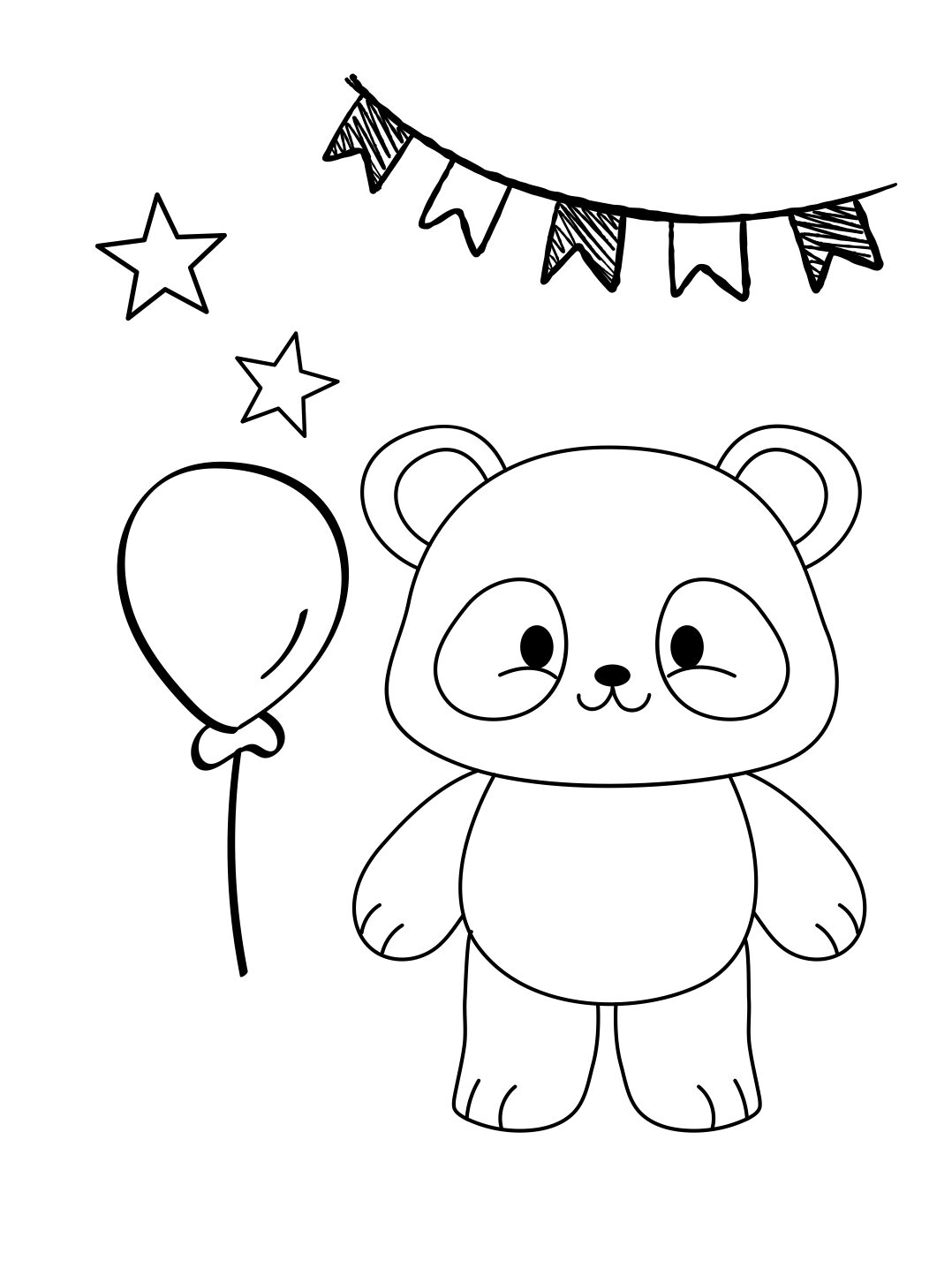 Standing Panda Coloring Page with Balloon and Bunting for Light, Festive Coloring (Free Printable PDF)