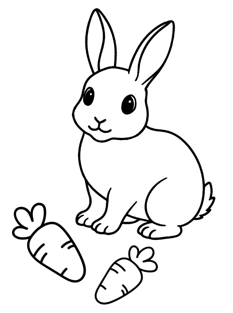 Rabbit Coloring Page with Carrots and Upright Ears (Free Printable PDF ...