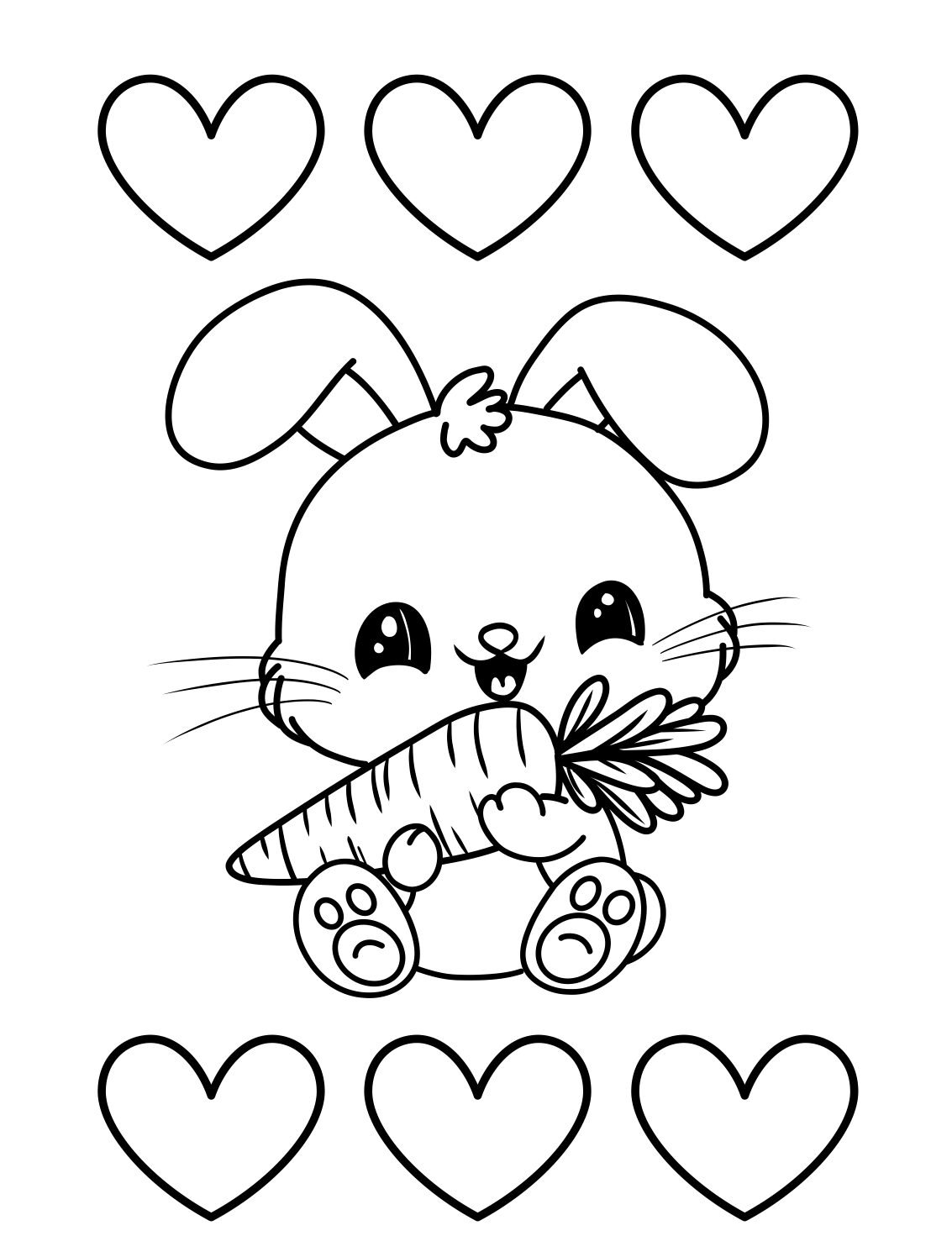 Rabbit Coloring Page Holding a Carrot with Heart Shapes (Free Printable PDF)