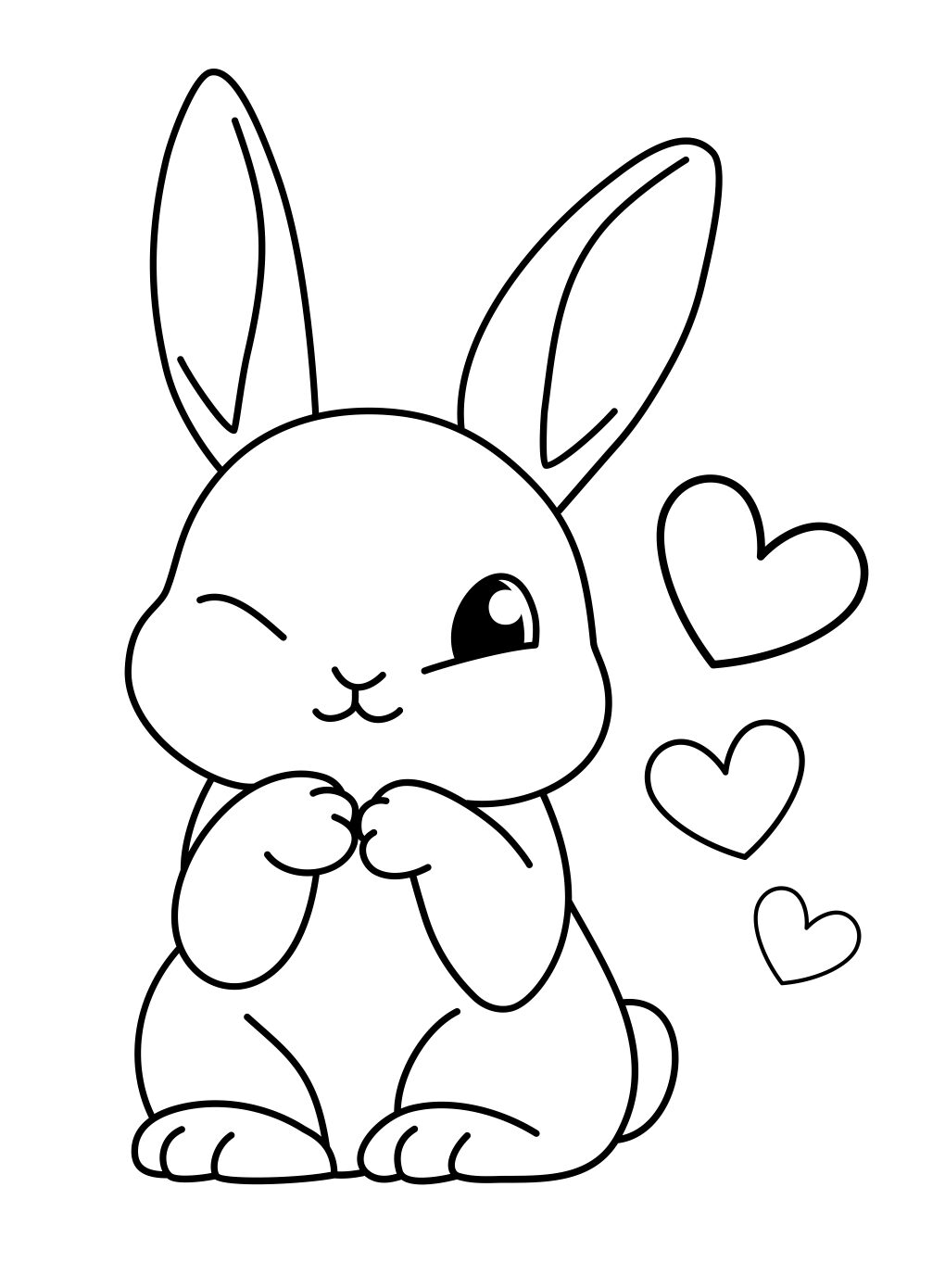 Winking Bunny Coloring Page with Heart Shapes (Free Printable PDF)