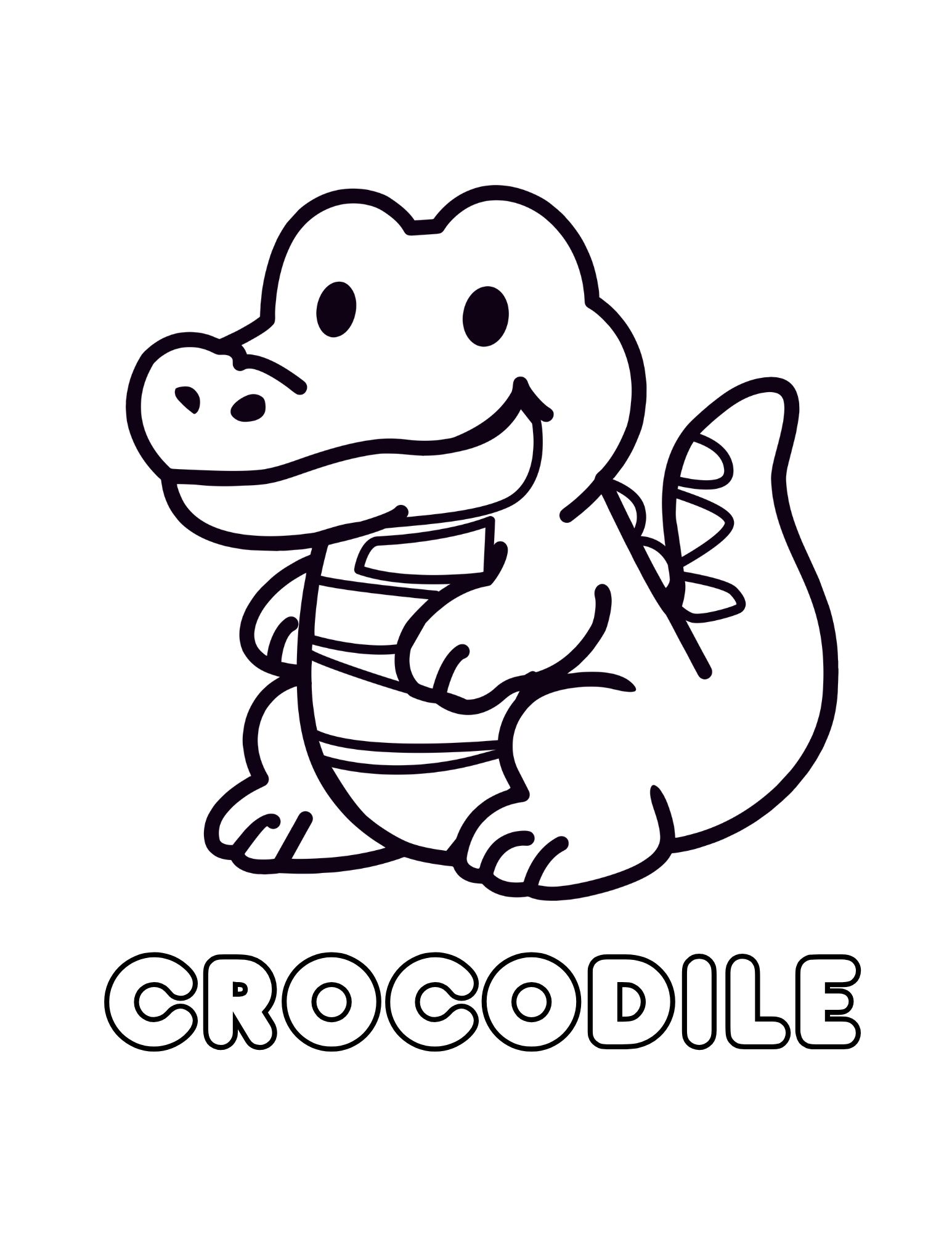 Crocodile Coloring Page (Sitting Cartoon + “CROCODILE”, Free Printable PDF)
