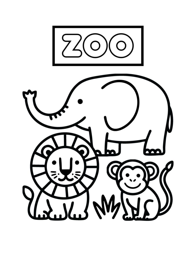 Easy Zoo Animals Coloring Page (Bold Outlines, Free Printable PDF)