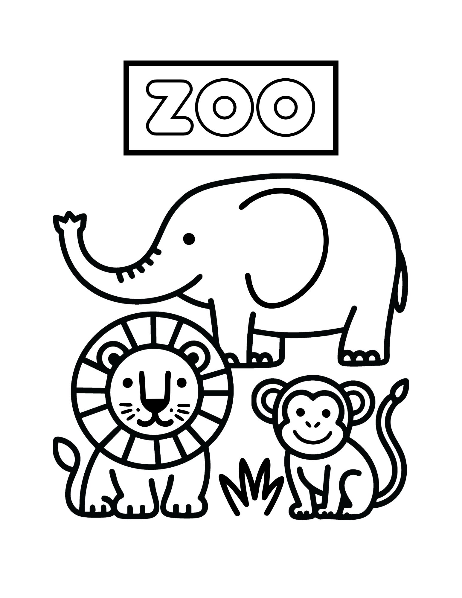 Easy Zoo Animals Coloring Page (Bold Outlines, Free Printable PDF)