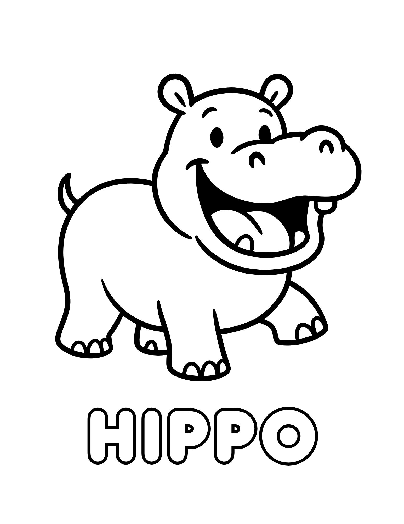 Hippo Coloring Page (Smiling, Standing Full Body, Free Printable PDF)