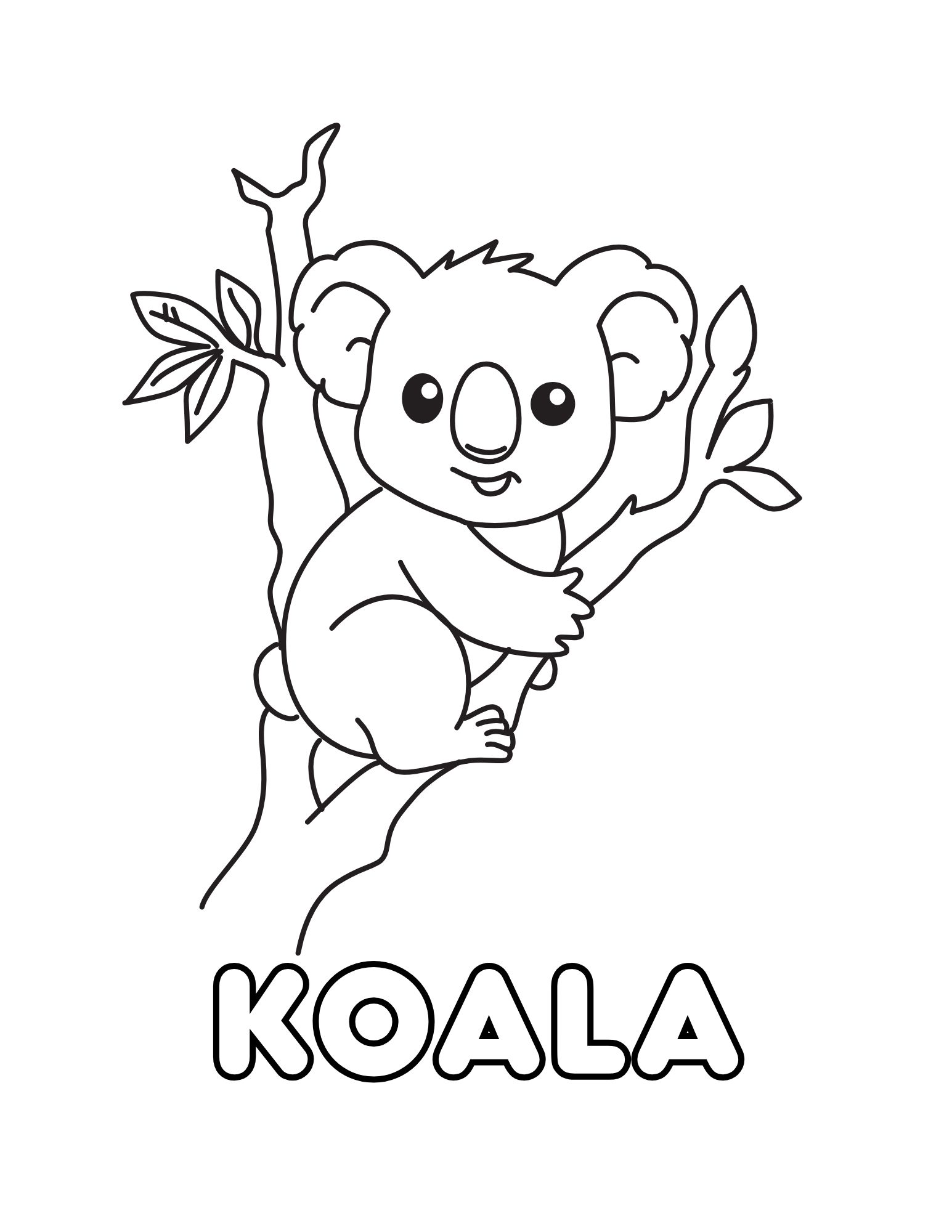 Koala Coloring Page (Holding a Branch + “KOALA”, Free Printable PDF)