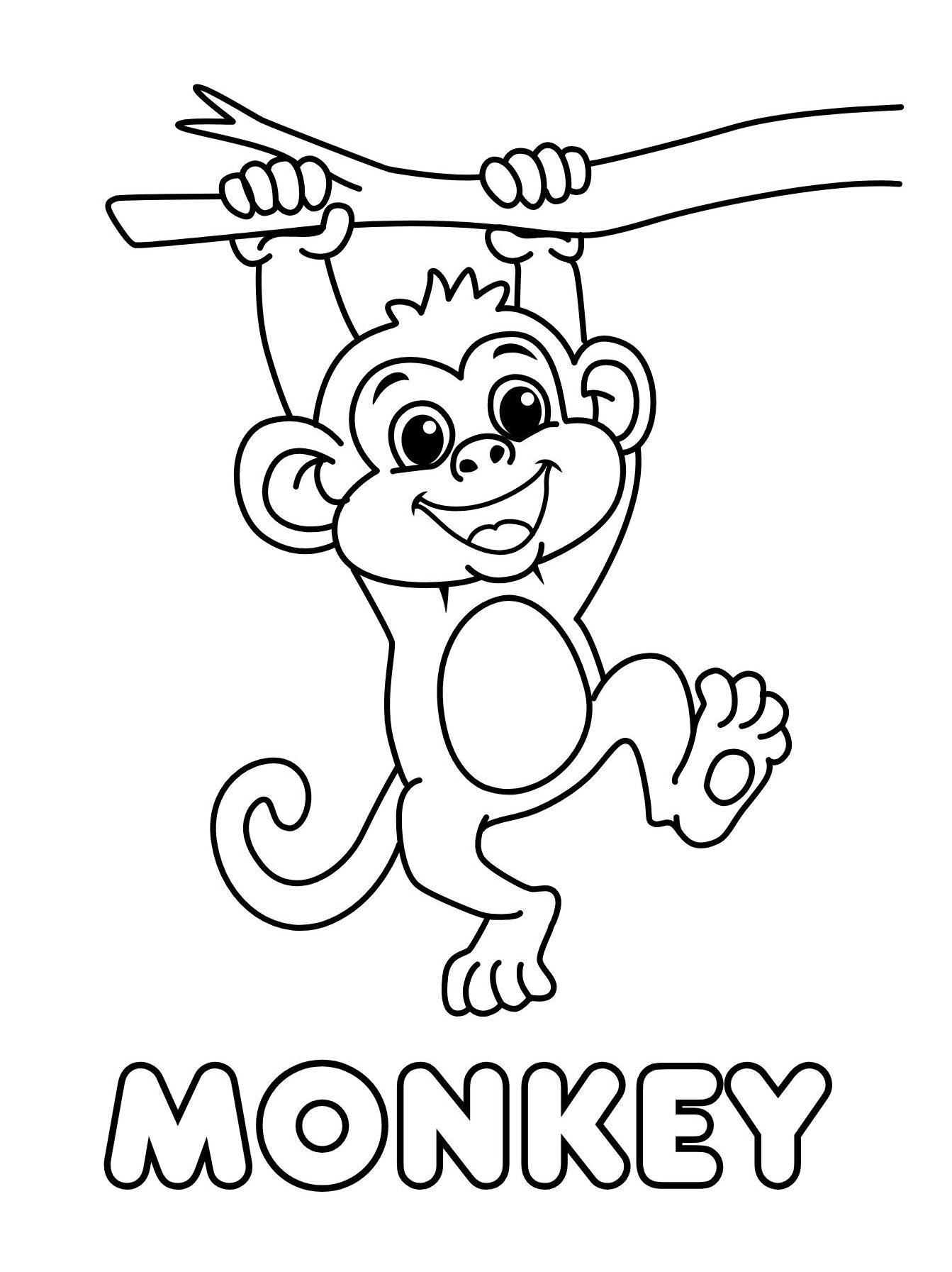 Hanging Monkey Coloring Page with Word “Monkey” for Early Word Recognition (Free Printable PDF)