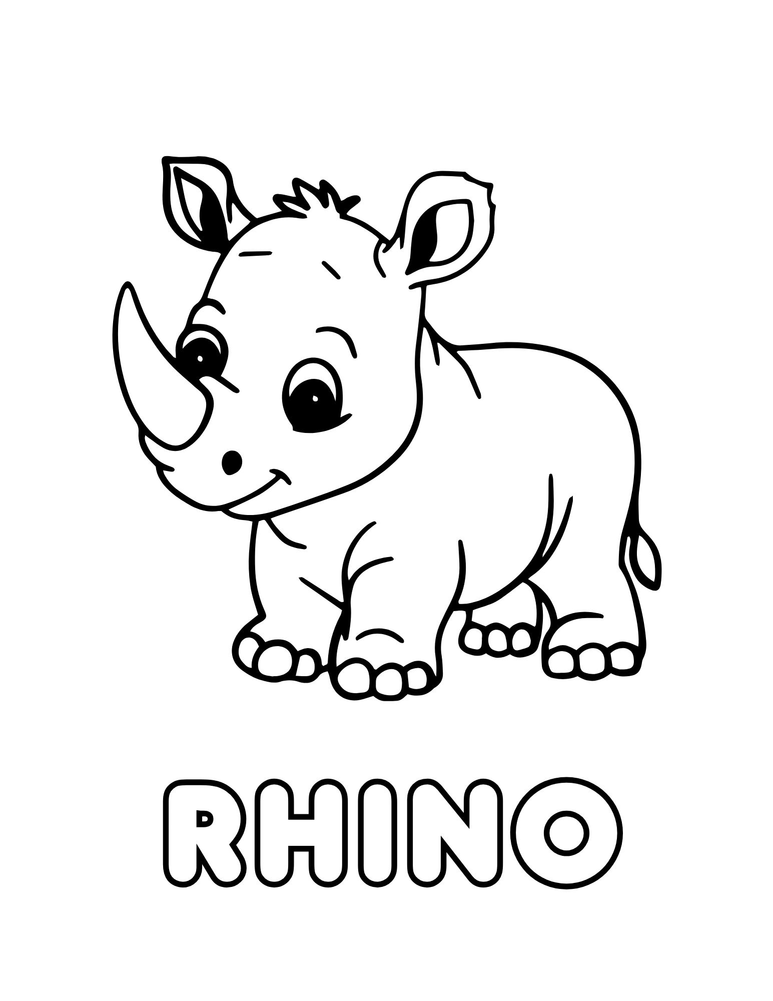 Rhino Coloring Page (Baby Rhino + “RHINO”, Bold Lines, Free Printable PDF)