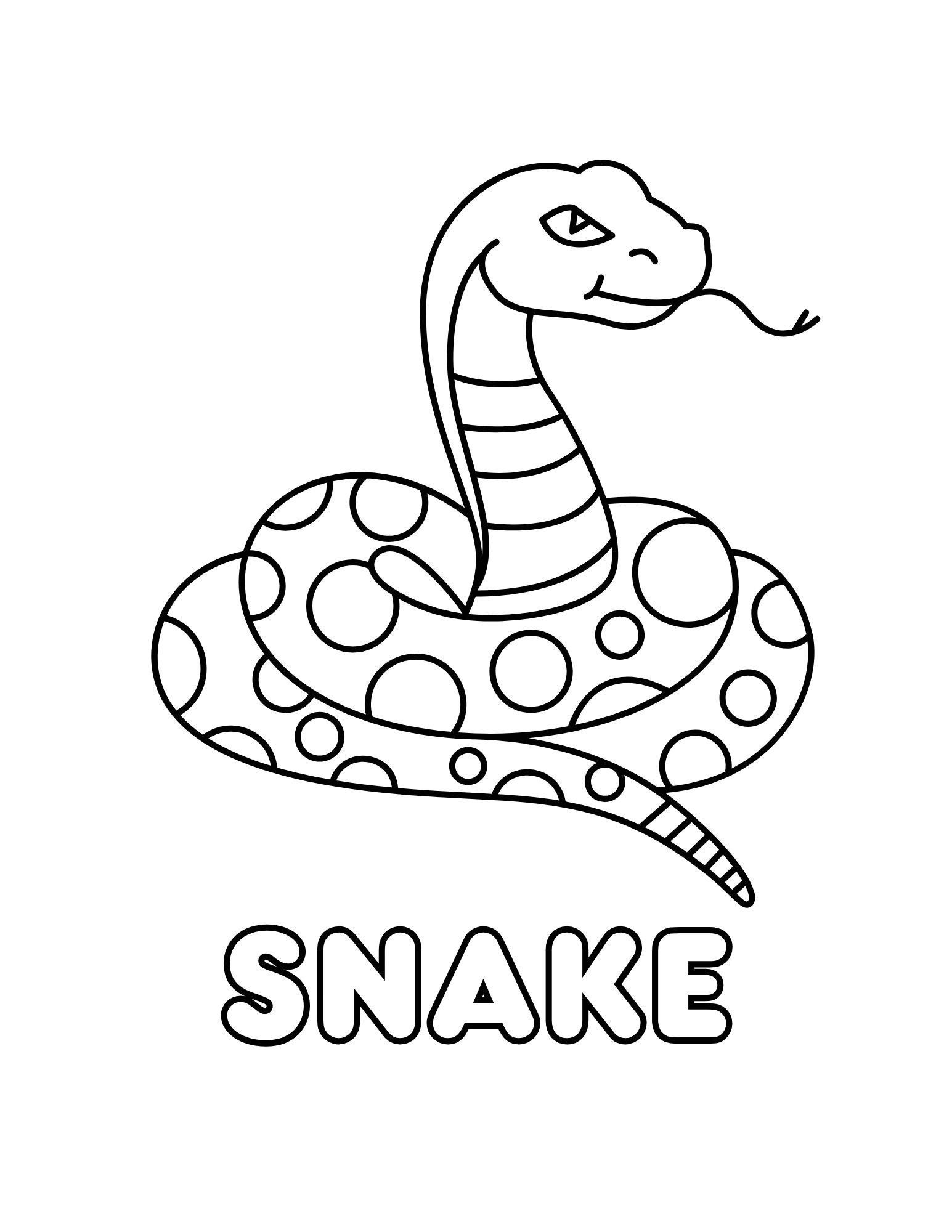 Snake Coloring Page (Tongue Out + Polka Dots + “SNAKE”, Free Printable PDF)
