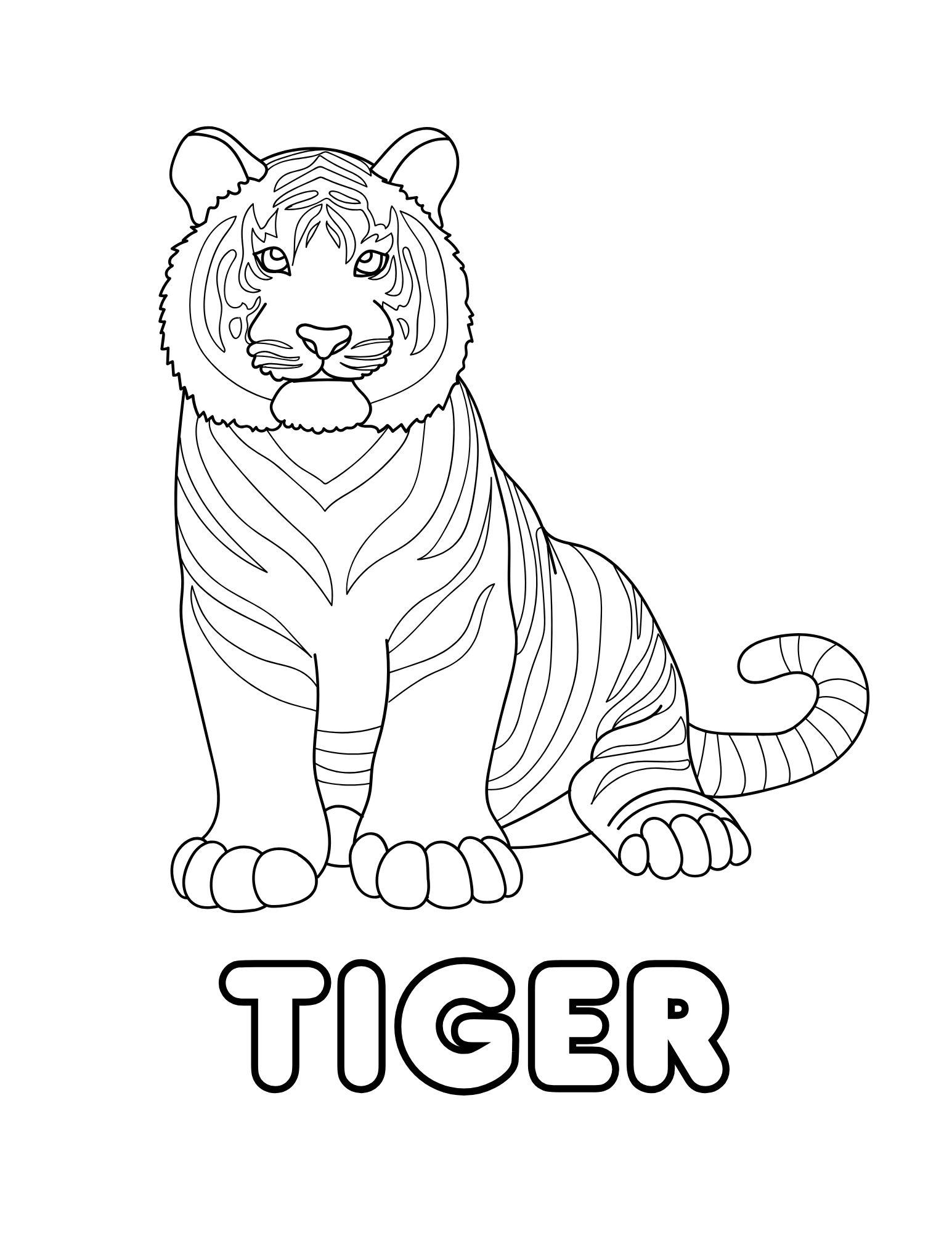 Tiger Coloring Page (Sitting Full Body, Free Printable PDF)