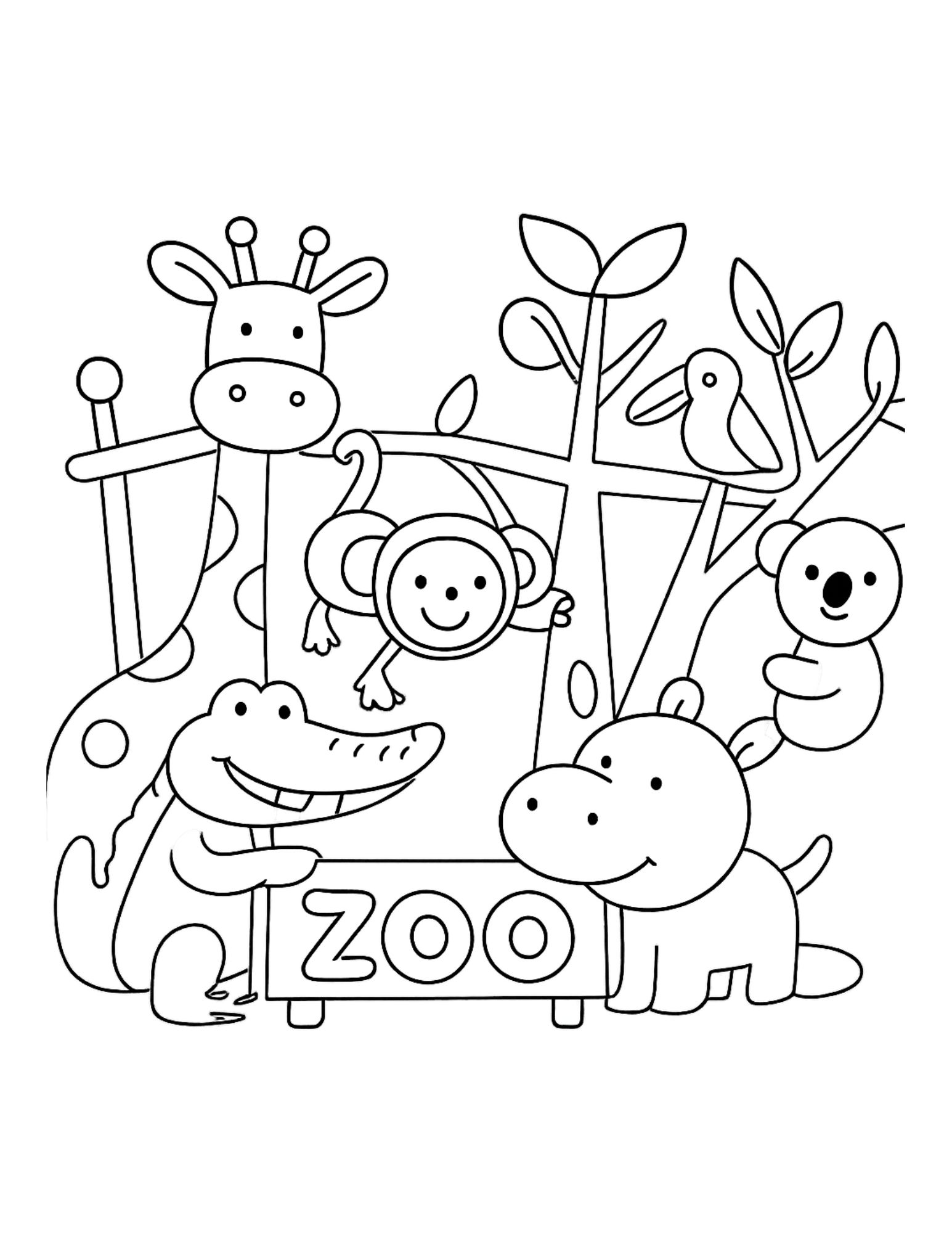 Zoo Animal Coloring Sheet (Crocodile, Hippo, Koala, Bird, Monkey & Giraffe + “ZOO”, Free Printable PDF)