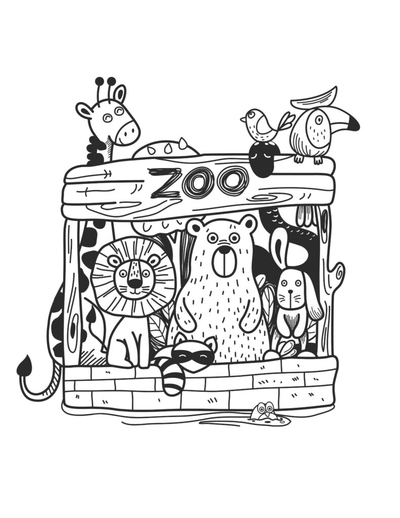 Zoo Animals Colouring Page (Lion, Raccoon, Bear, Rabbit, Bird & Giraffe + “ZOO”, Free Printable PDF)