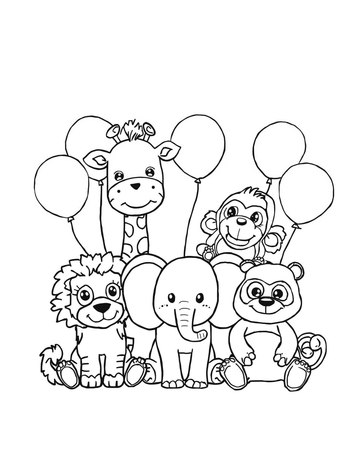 Cute Zoo Animals with Balloons Coloring Page (Free Printable PDF)