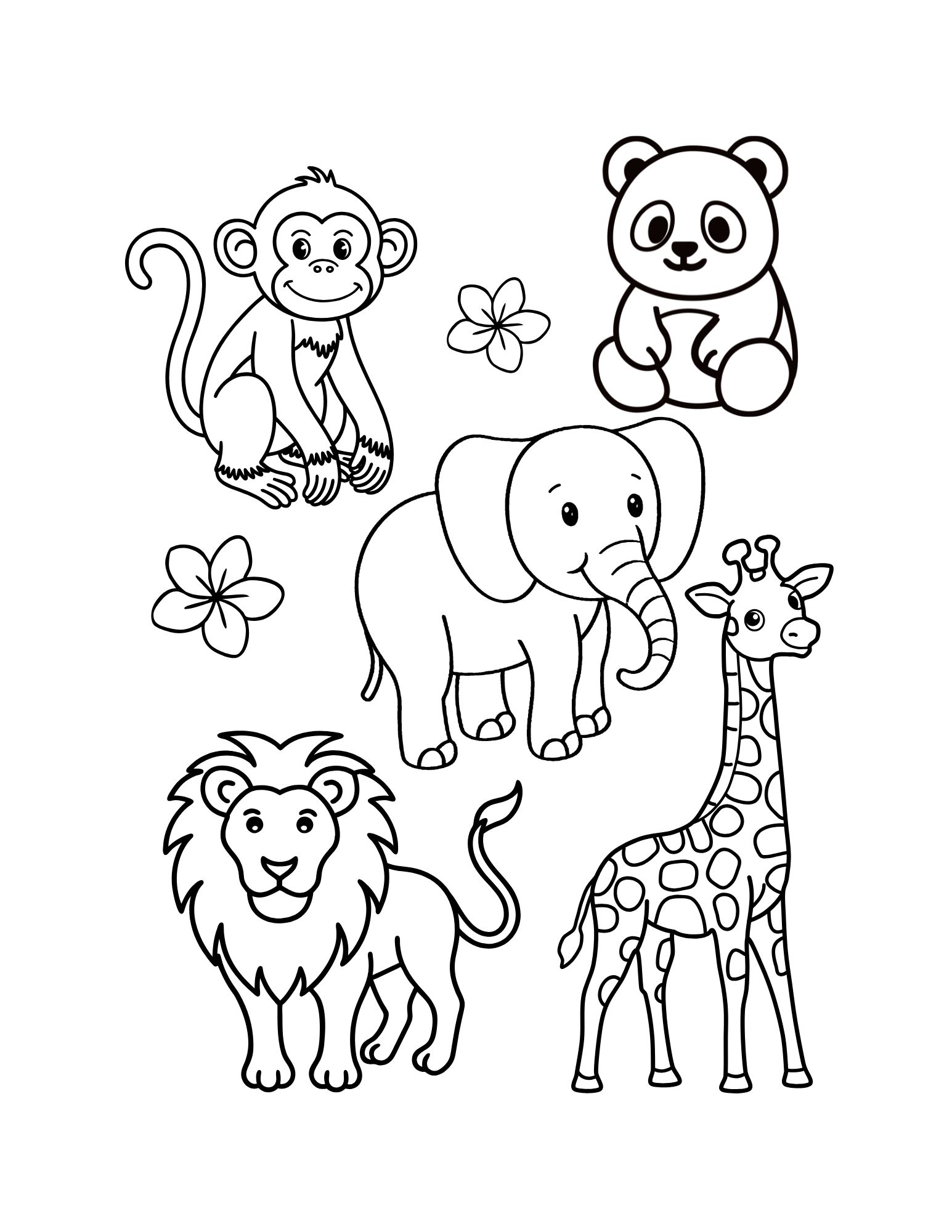 Cute Zoo Animals Coloring Sheet (Multiple Animals, Printable PDF)