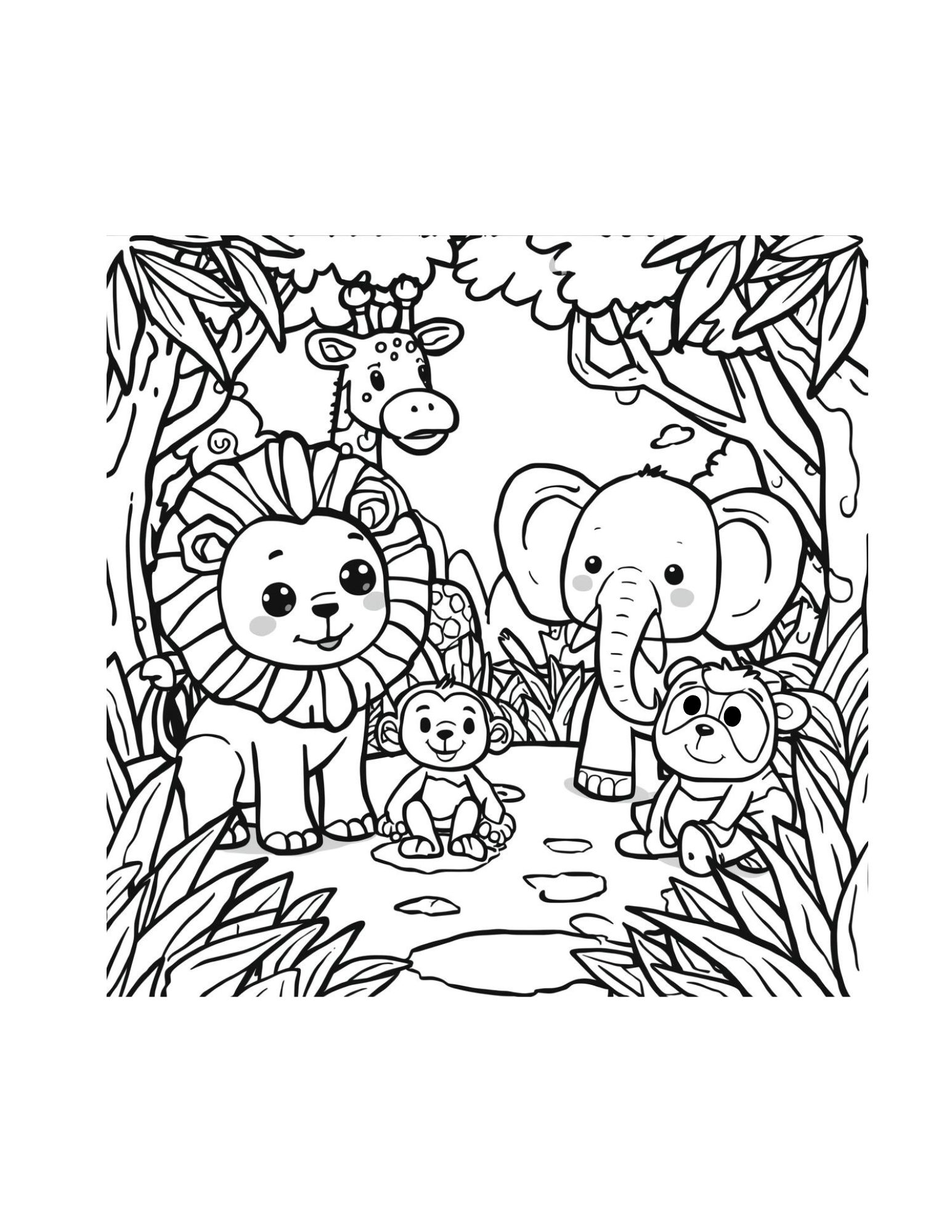 Cute Zoo Animals Jungle Scene Coloring Page (Free Printable PDF)