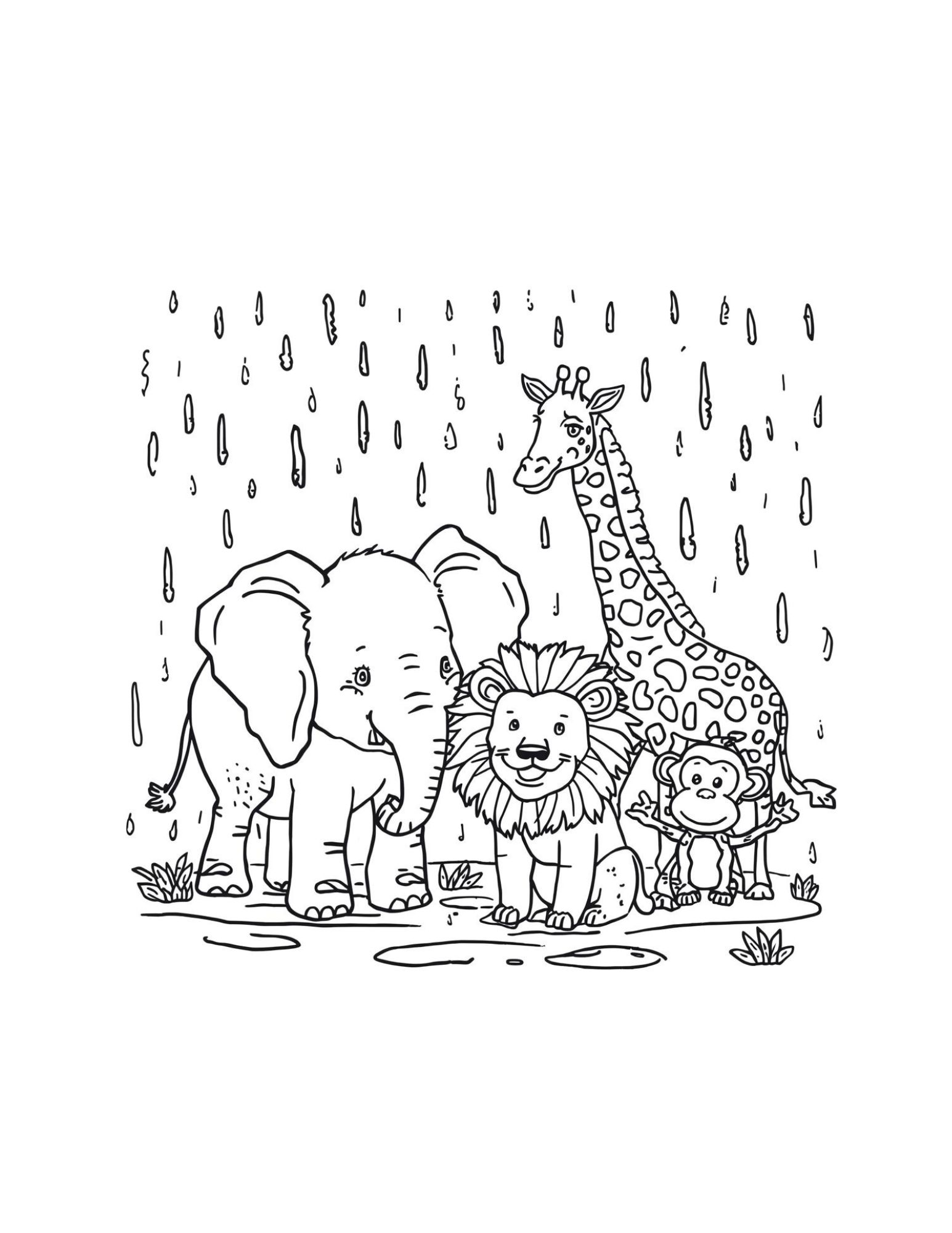 Cute Zoo Animals Rainy Day Coloring Page (Free Printable PDF)