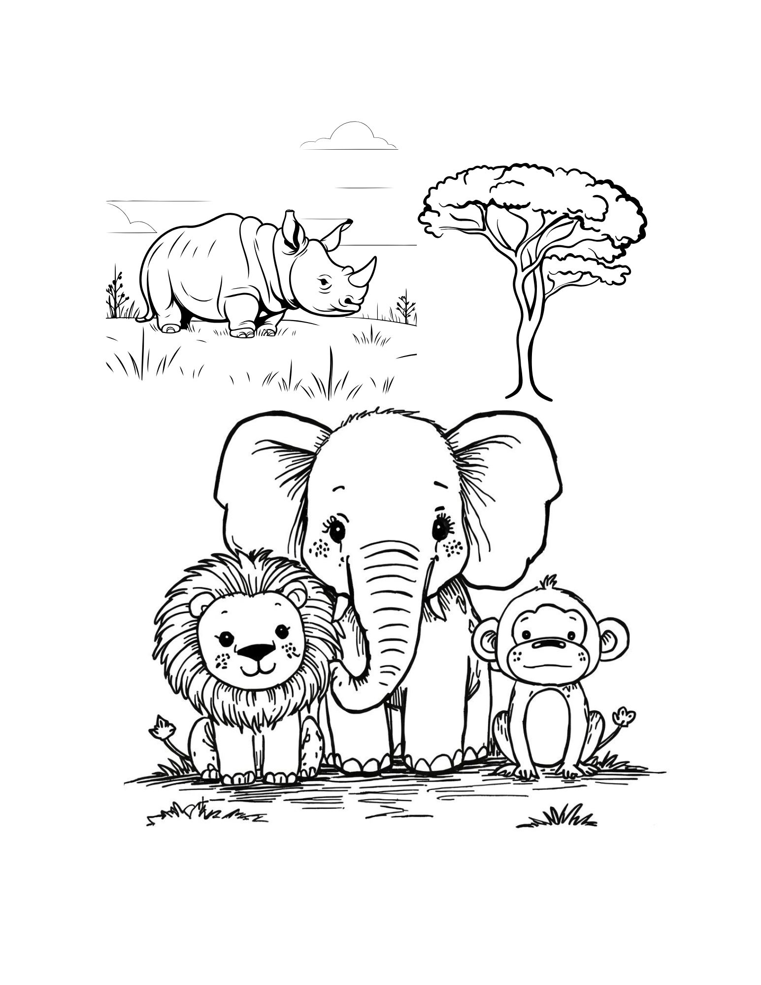 Cute Zoo Animals Safari Scene Coloring Page (Free Printable PDF)
