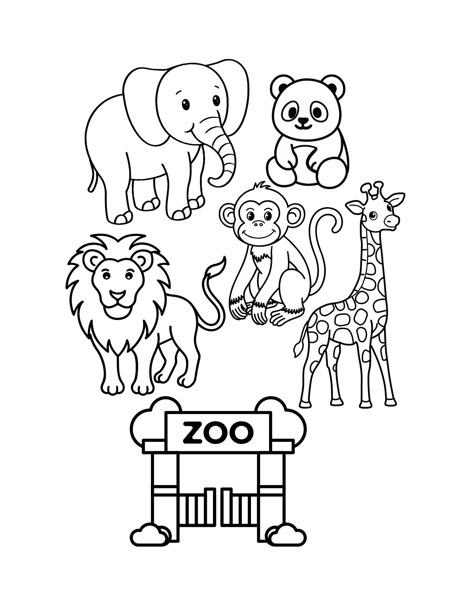 Cute Zoo Animals at the Zoo Gate Coloring Page (Free PDF)