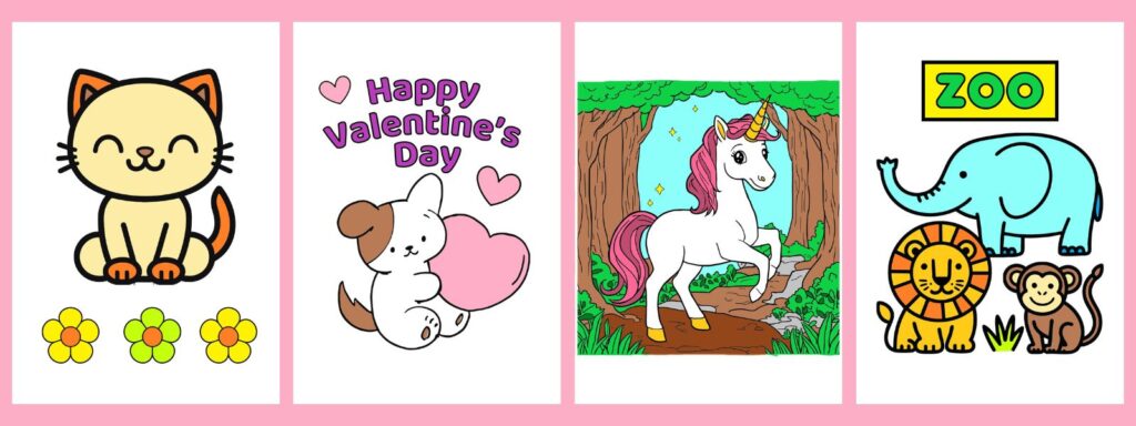 Colorful preview collage of free printable coloring pages: cute cat, Valentine puppy, unicorn, and zoo animals (PDF).