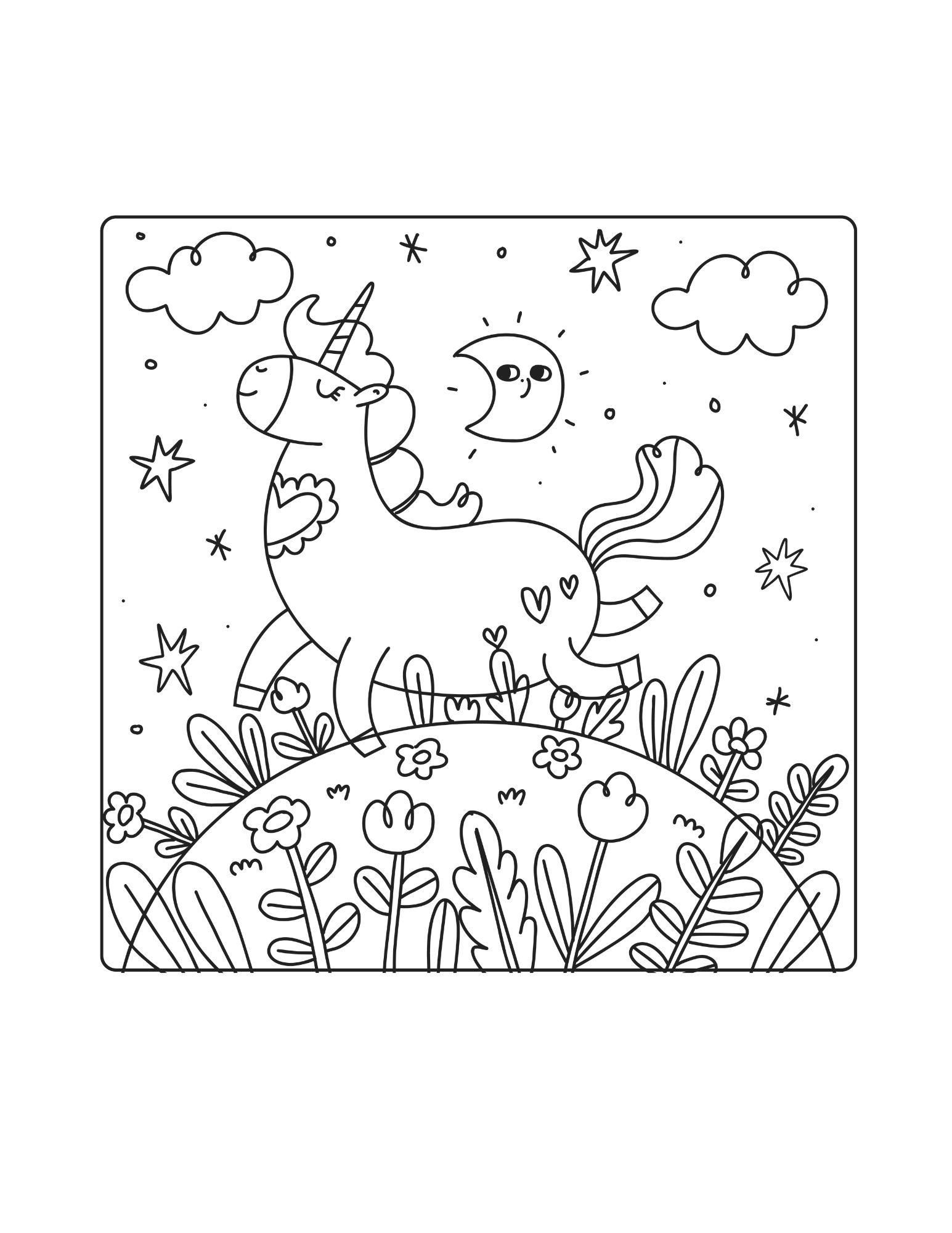 Unicorn in a Garden Coloring Page (Free Printable PDF)